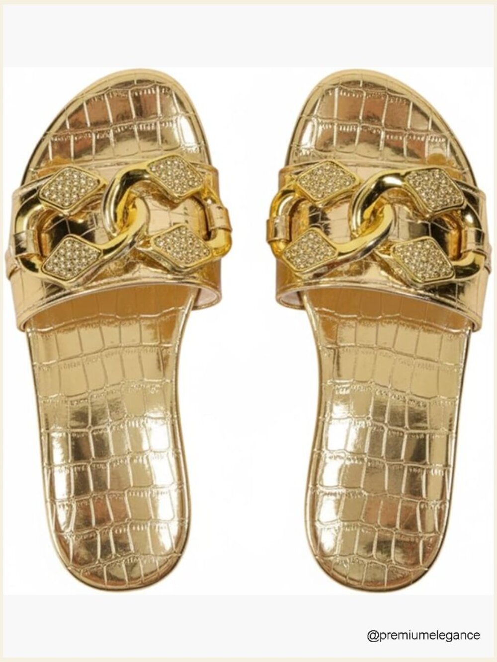 Women's Gold Chain Crocodile Embossed Sandals Dressy Metallic Flats Open Toe